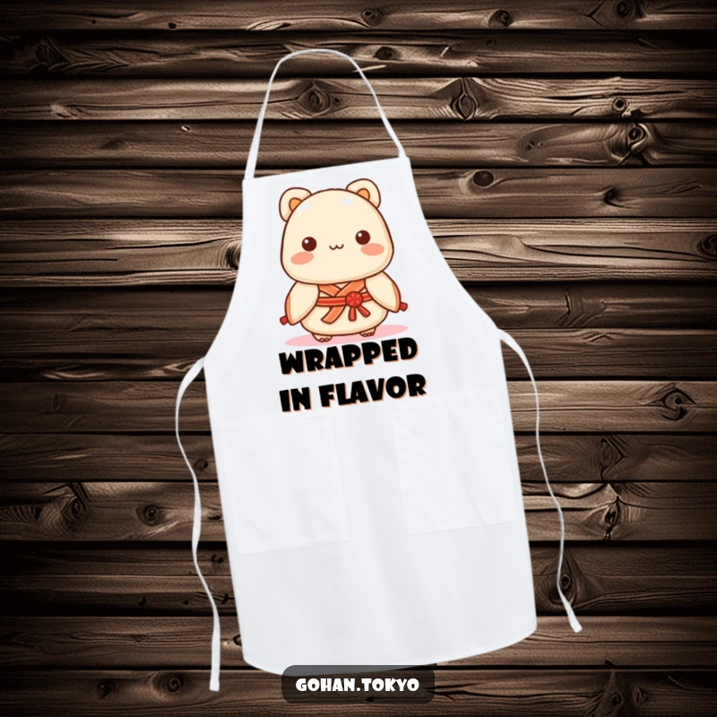 Funny Dumpling Apron showcasing a playful character in a decorative kimono sash, perfect for kitchen fun and style.