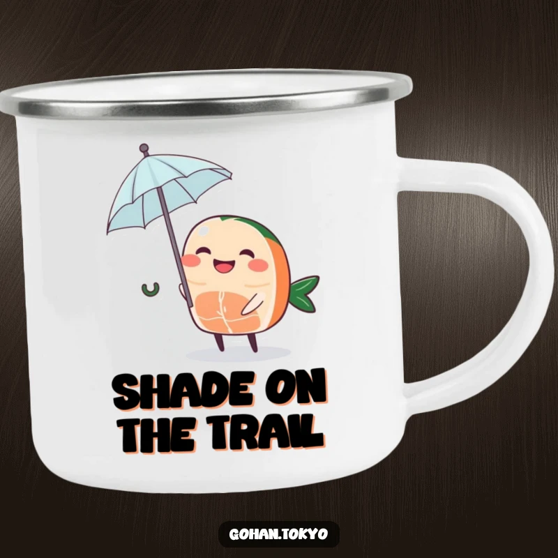 Funny Sashimi Camping Mug featuring a grinning piece of sashimi character holding a tiny umbrella, perfect for outdoor drinks.