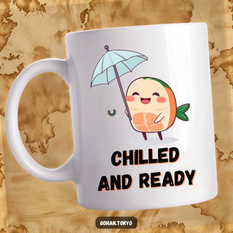 Funny Sashimi Mug featuring a grinning piece of sashimi character holding a tiny umbrella, offering quirky charm.