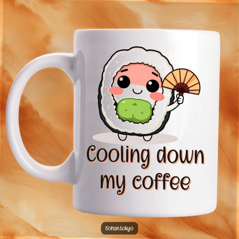 Funny happy sushi roll character waving a small Japanese fan, a cheerful and humorous mug.