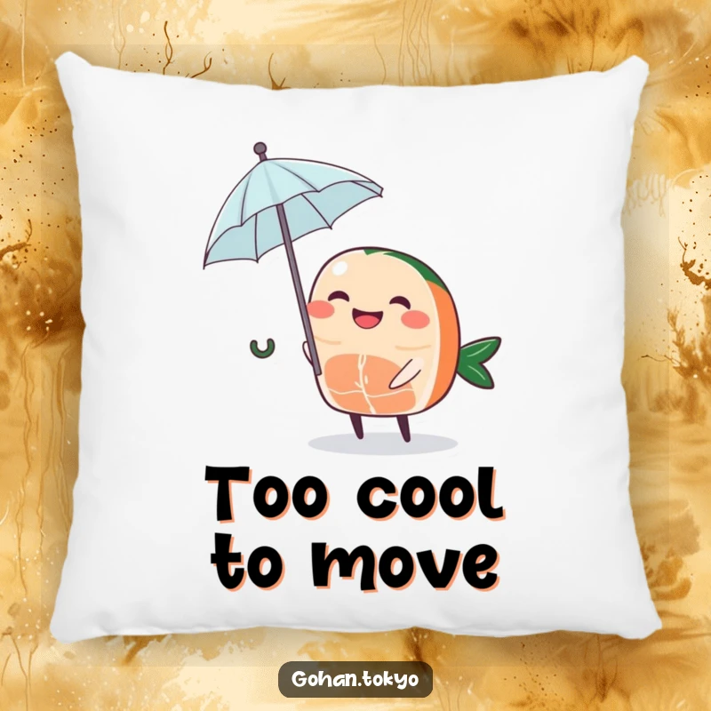Funny Sashimi Pillow featuring a grinning piece of sashimi character holding a tiny umbrella, perfect for comfort and quirky decor.