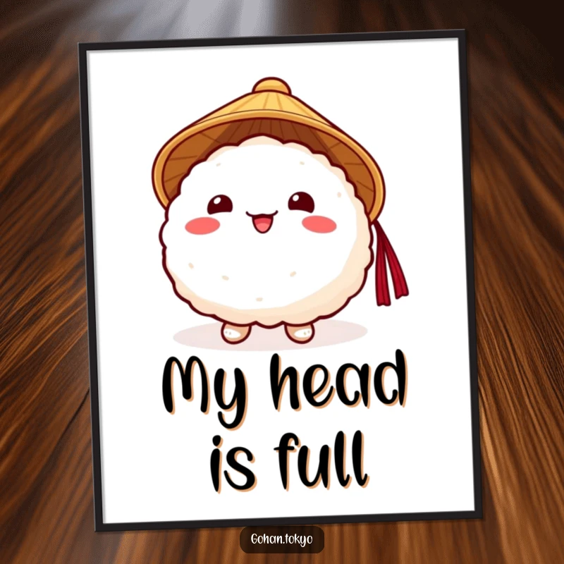 Funny Rice Ball Digital Art Print of a smiling character in a traditional Japanese hat, ready to brighten any room.