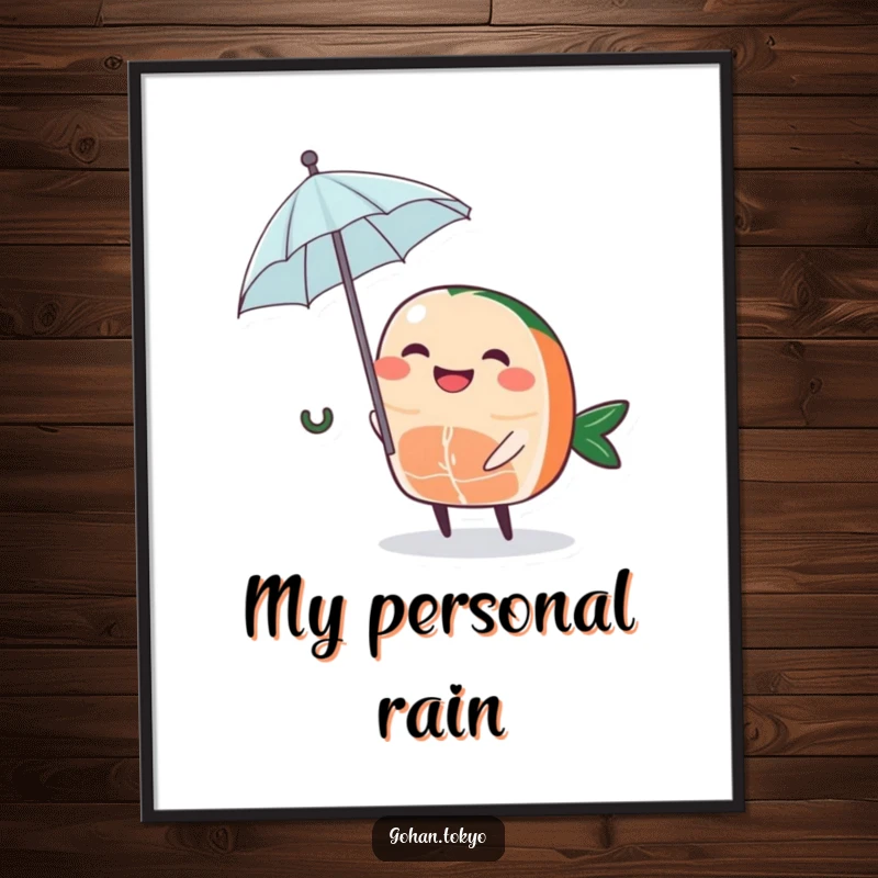 Funny Sashimi Digital Art Print of a grinning piece of sashimi character holding a tiny umbrella, perfect for quirky decor.
