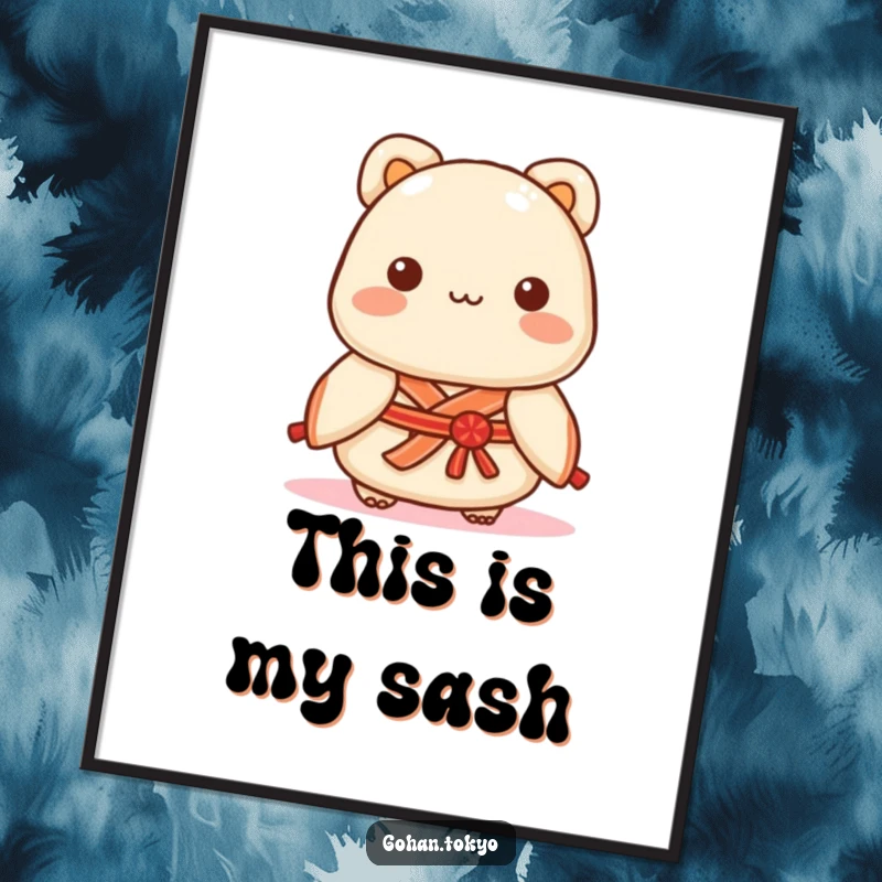 Funny Dumpling Digital Art Print of a playful character wearing a decorative kimono sash, bringing whimsical charm.