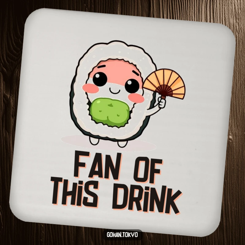 Funny happy sushi roll character waving a small Japanese fan, a set of humorous drink coasters.