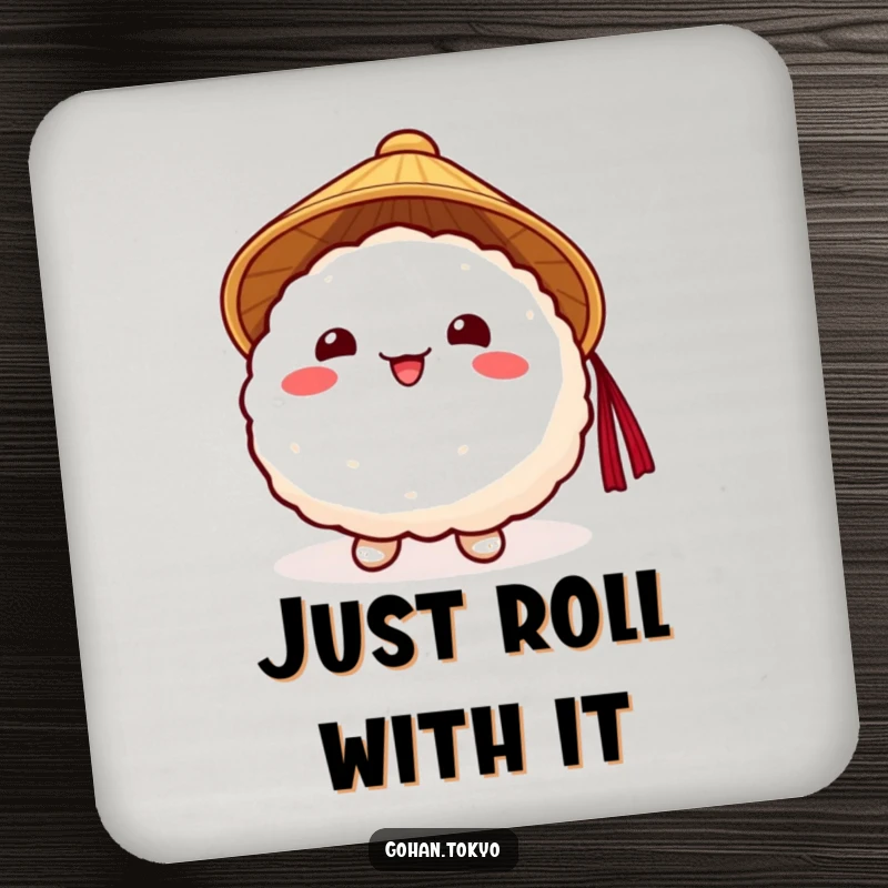 Funny Rice Ball Coaster showcasing a cheerful character in a traditional Japanese hat, protecting surfaces with style.