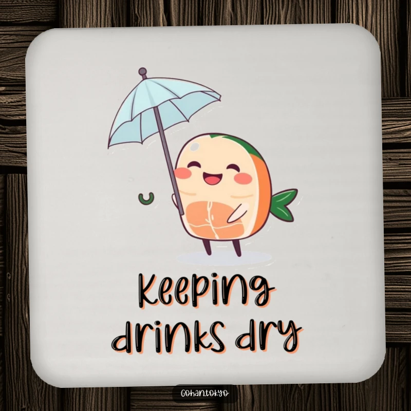 Funny Sashimi Coaster showcasing a grinning piece of sashimi character holding a tiny umbrella, protecting surfaces with quirkiness.