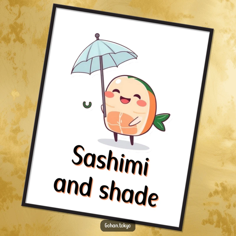 Funny Sashimi Poster of a grinning piece of sashimi character holding a tiny umbrella, adding quirky artistic flair.