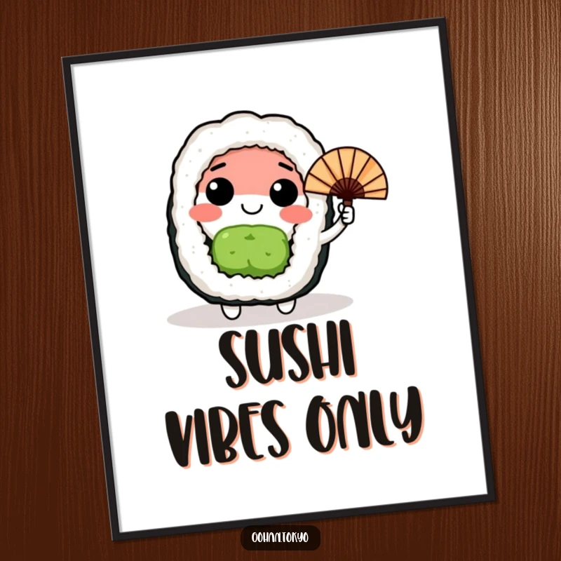 Funny happy sushi roll character waving a small Japanese fan, a whimsical and humorous poster for kitchen or dining decor.