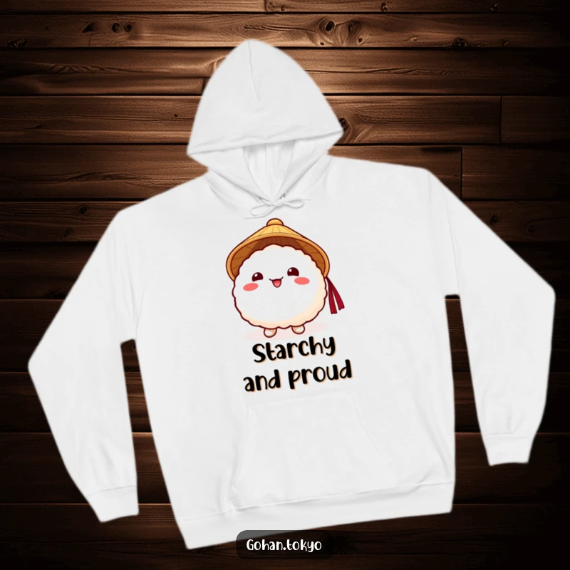 Funny Rice Ball Hoodie with a happy character wearing a traditional Japanese hat, offering warmth and amusement.
