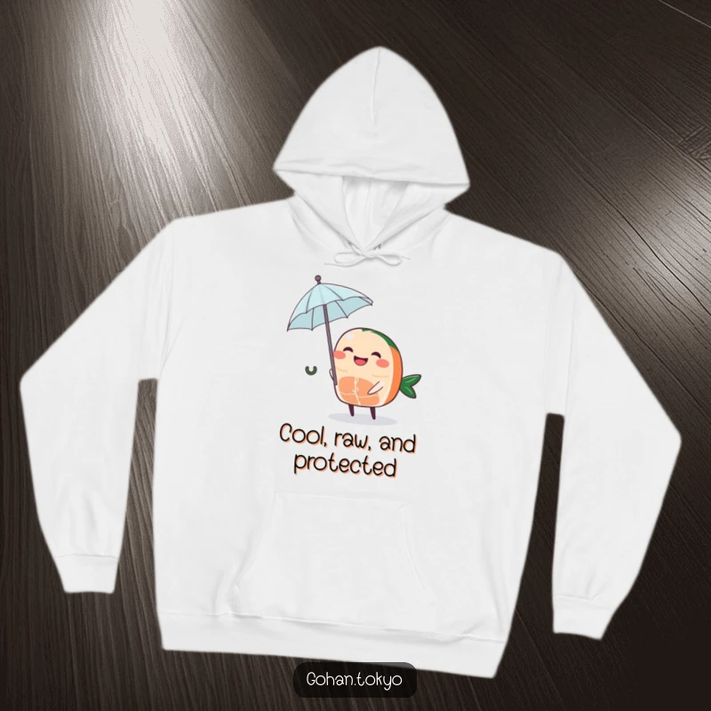 Funny Sashimi Hoodie with a grinning piece of sashimi character holding a tiny umbrella, offering warmth and whimsical protection.