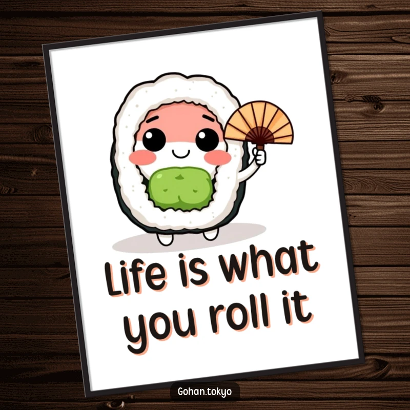 Funny Free Printable Wall Art: A happy sushi roll character waves a small Japanese fan, bringing playful sushi humor to your decor.