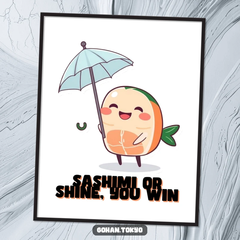 Funny Free Printable Wall Art: Grinning sashimi slice holding a tiny umbrella, looking cool and stylish.