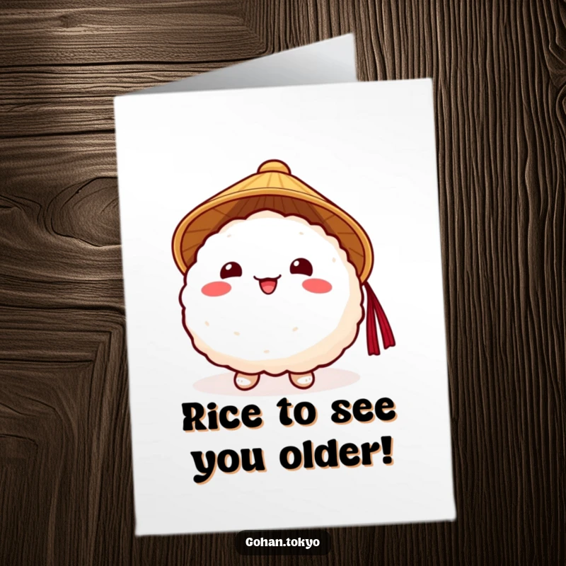 Funny Free Printable Birthday Card: Happy rice ball with a traditional Japanese hat, ready to party on a card.