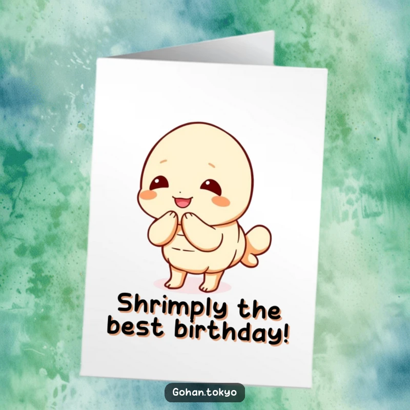 Funny Free Printable Birthday Card: A joyful tempura shrimp character bowing politely with a birthday hat.