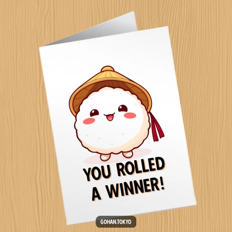 Funny Free Printable Congrats Card: Cheerful rice ball in a Japanese hat, celebrating an achievement with joy.