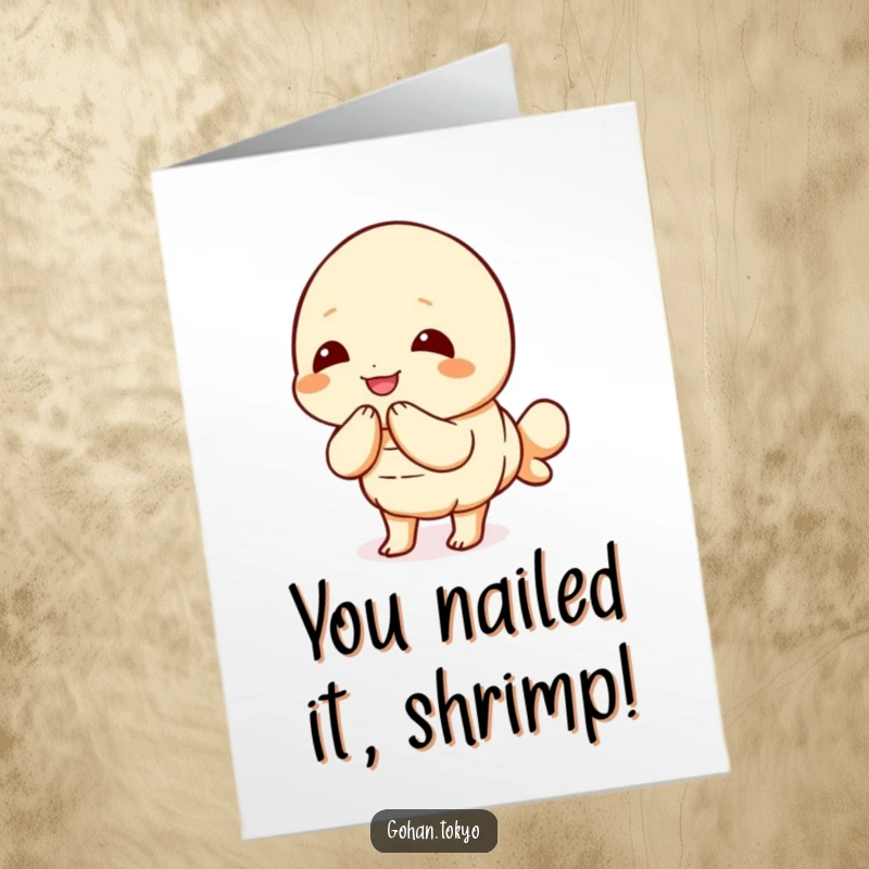 Funny Free Printable Congrats Card: Polite tempura shrimp bowing gracefully to offer congratulations.