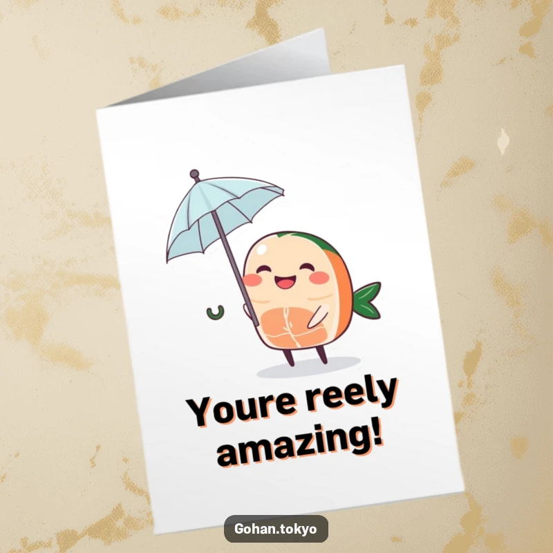 Funny Free Printable Congrats Card: A grinning sashimi slice holding a tiny umbrella, celebrating success.