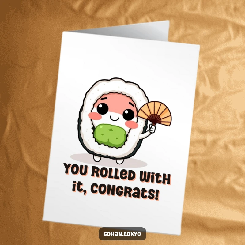 Funny Free Printable Congratulations Card: A happy sushi roll character waves a Japanese fan, expressing celebratory cheer humorously.