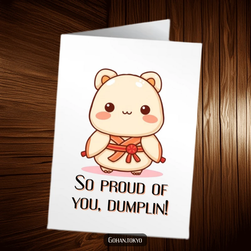 Funny Free Printable Congrats Card: Plump dumpling wearing a decorative kimono sash, looking proud and accomplished.