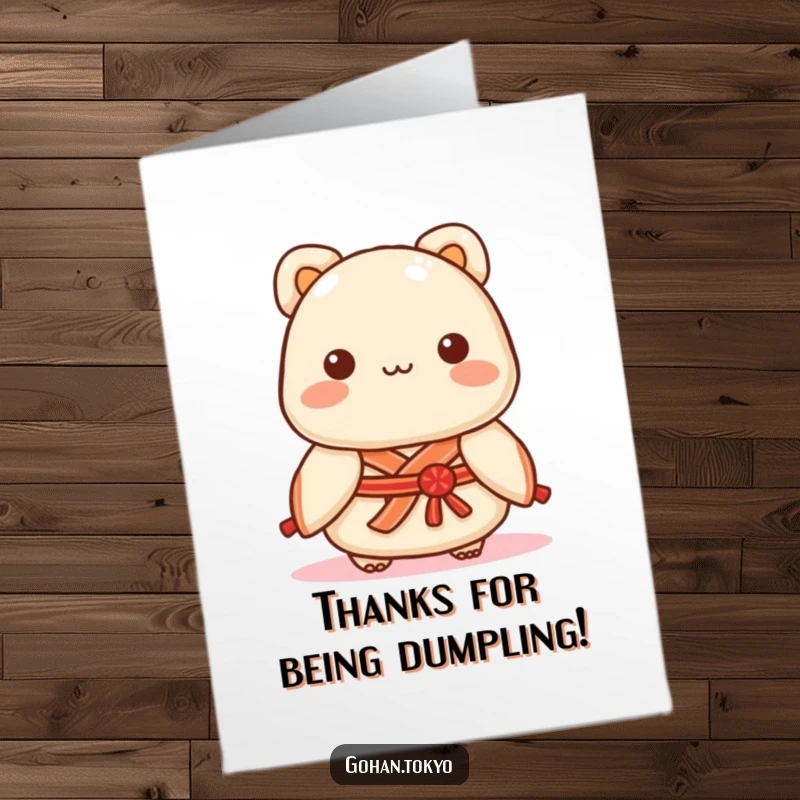 Funny Free Printable Thank You Card: A playful dumpling with a sash, offering a heartfelt thank you.