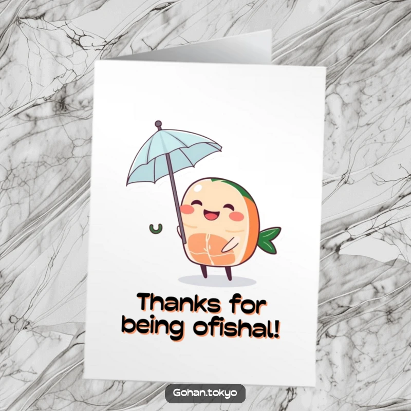 Funny Free Printable Thank You Card: A grinning sashimi character holding a tiny umbrella, offering thanks.