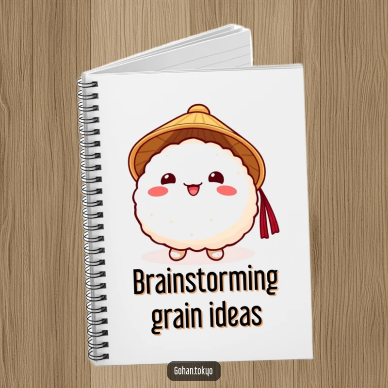 Funny Rice Ball Notebook with a happy character in a traditional Japanese hat, perfect for writing and drawing.