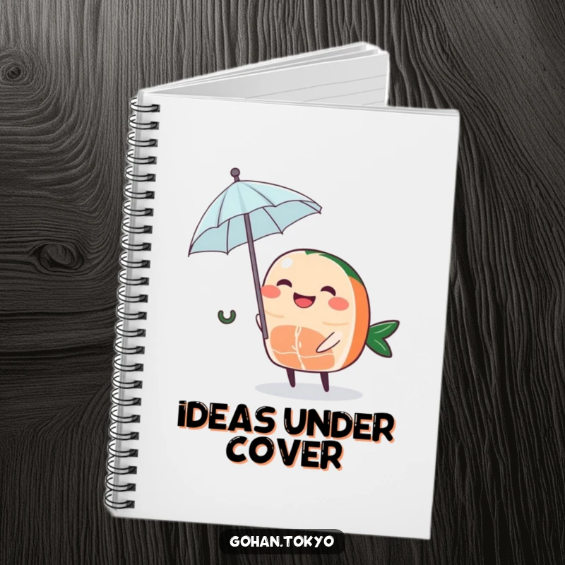 Funny Sashimi Notebook with a grinning piece of sashimi character holding a tiny umbrella, perfect for journaling and creative writing.