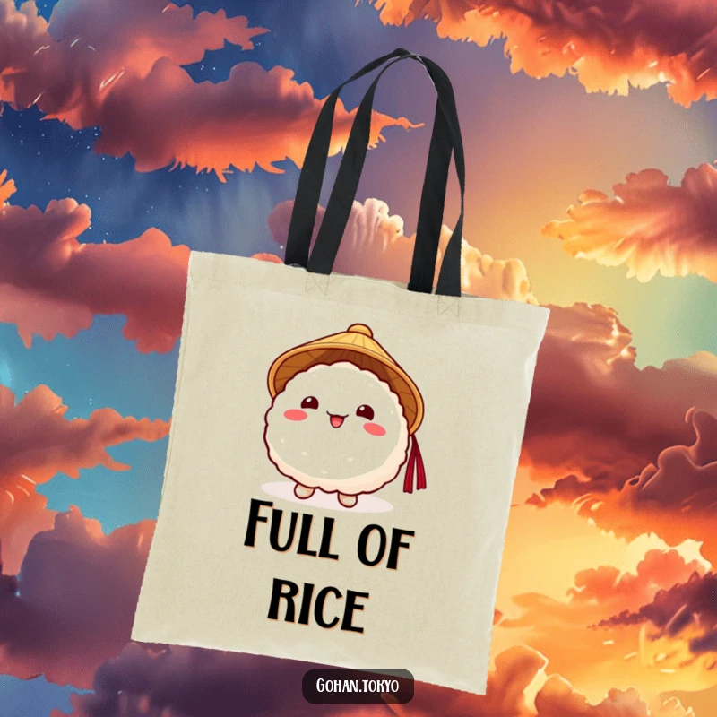 Funny Rice Ball Tote Bag featuring a smiling character in a traditional Japanese hat - perfect for shopping and smiles.