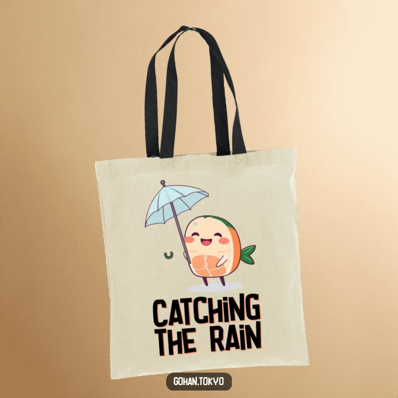 Funny Sashimi Tote Bag featuring a grinning piece of sashimi character holding a tiny umbrella, perfect for shopping with personality.